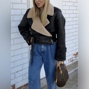 Commense Too Blessed Sherpa Lined Collar Shearling Faux Leather Flight Jacket M